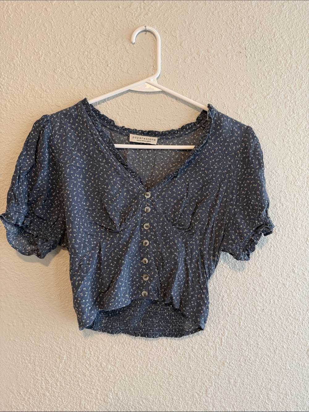 Navy Button-Front Crop Blouse